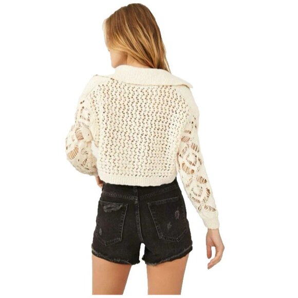 Free People Sedona Cardigan Sweater S Cream Crochet Collared Cropped Open Knit - Picture 2 of 16